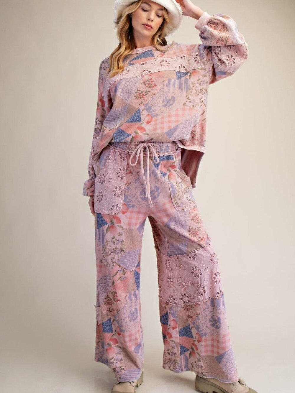 EASEL DUSTY ROSE PINK PATCHWORK PRINT WASHED COTTON TERRY TOP PANTS SET SML NWT